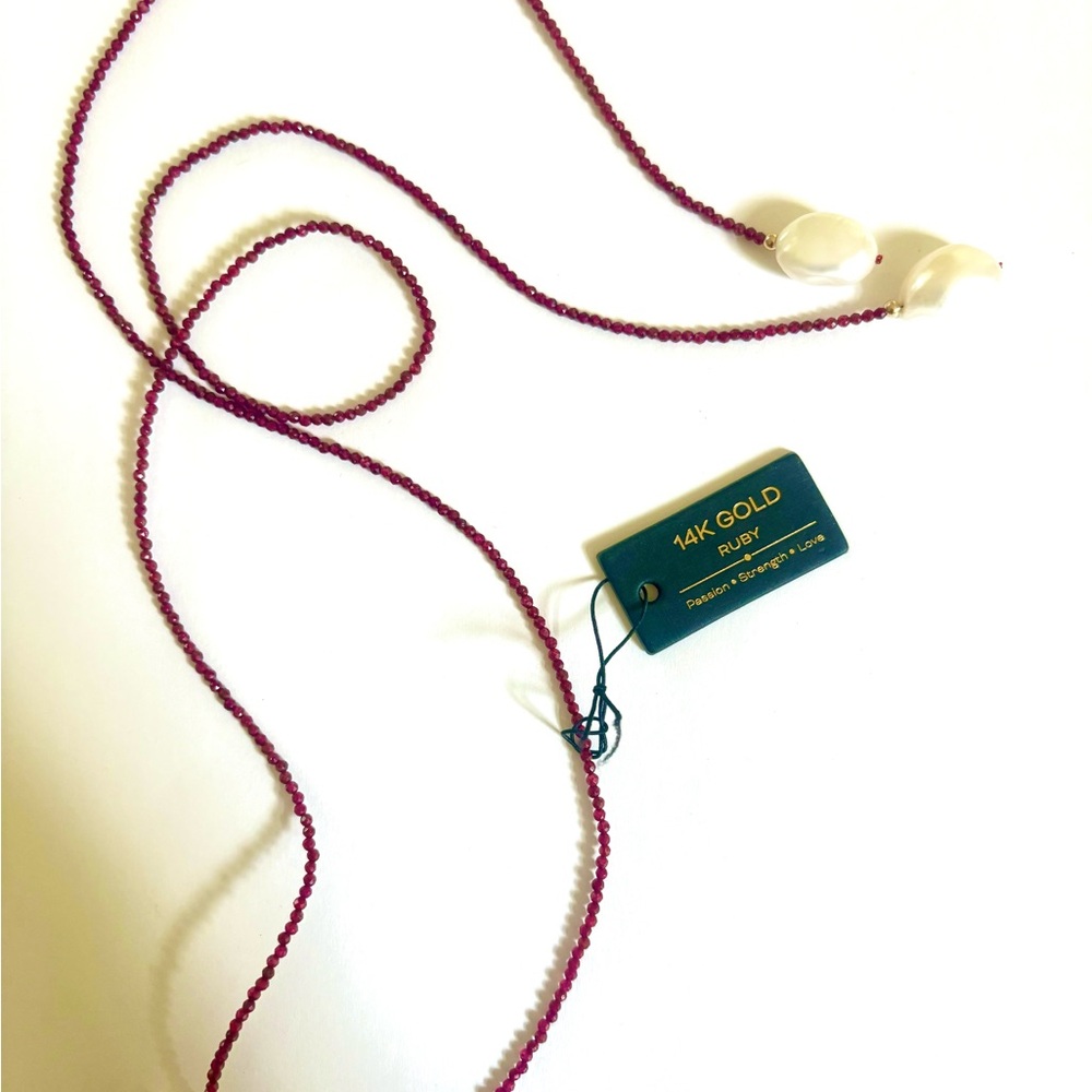 14K Solid Gold, Real Ruby, Freshwater Pearl Beaded Necklace/Belt 36in